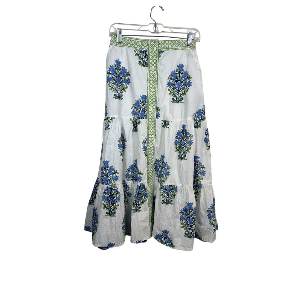 RNWK Maxi Skirt Women S White Blue Floral Block Print Excellent Tiered Boho